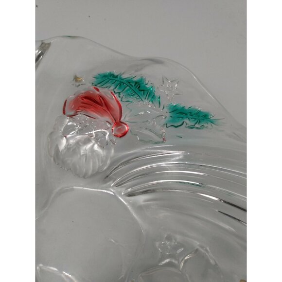 Clear Glass Christmas Candy Bowl/Platter with etched Santa & Florals 9" Diameter - Picture 8 of 11